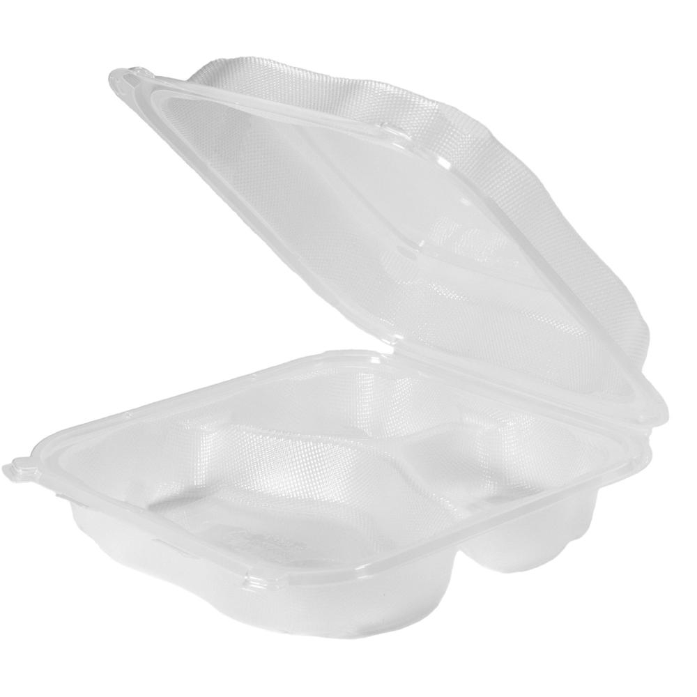 9 x 9 in Clear Polypropylene Three-Compartment Hinged Square Container