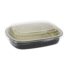 Classic Carry-Out Rectangular Black/Gold/Clear Aluminum Container with PET Dome Lid, 46 Ounce Capacity