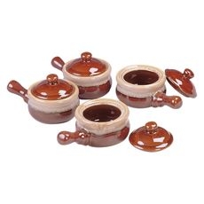 Ceramic Two Tone Brown Onion Soup Bowl with Lid, set of 4