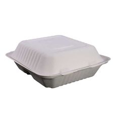 White Compostable 3 Compartment Molded Fiber Hinged Container, 8 x 8 inch