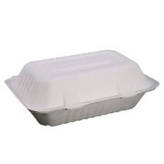 White Compostable Molded Fiber Hinged Container, 9 x 6 inch