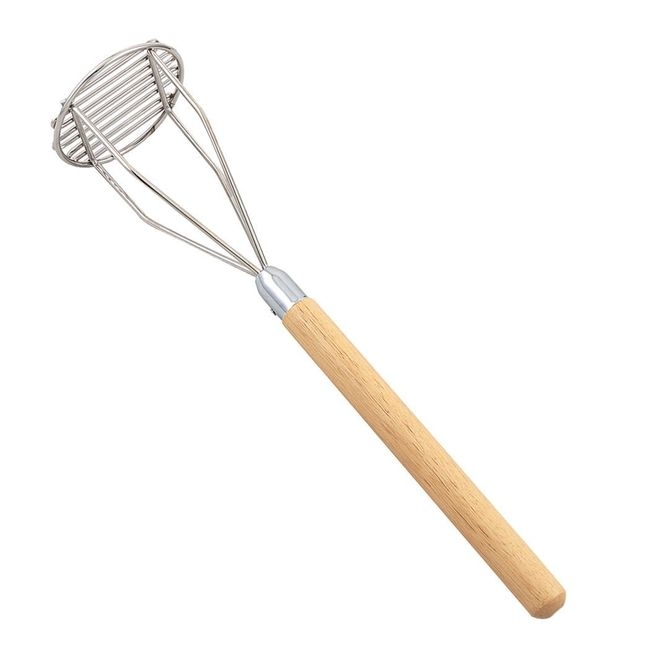 Stainless Steel Round-Face Potato Masher with Wooden Handle