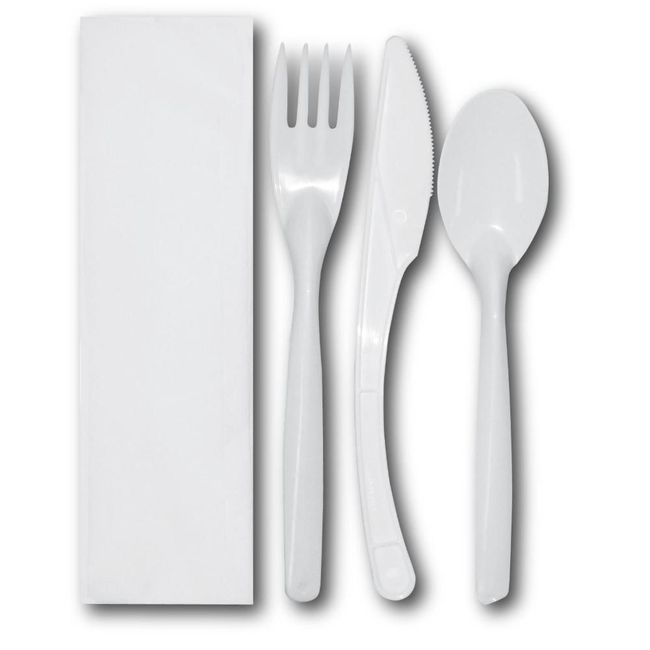 Polypropylene White Fork/Knife/Teaspoon/Napkin Kit