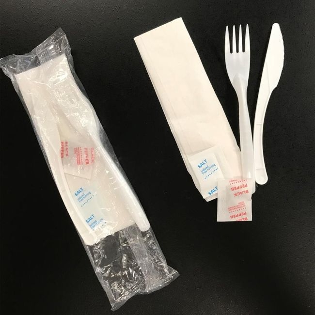 Polypropylene White Fork/Knife/Napkin/Salt/Pepper Kit