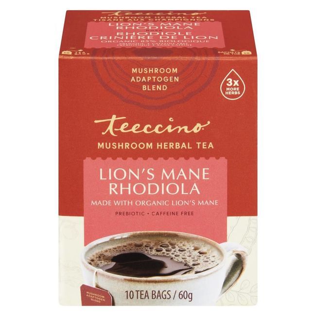 Teeccino Lions Mane Rhodiola Mushroom Herbal Tea, 10 Tea Bags -- 6 Per Case