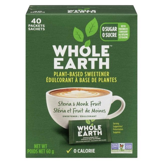 Whole Earth Stevia Monk Fruit Sweetener Packets, 40 Count -- 12 Per Case
