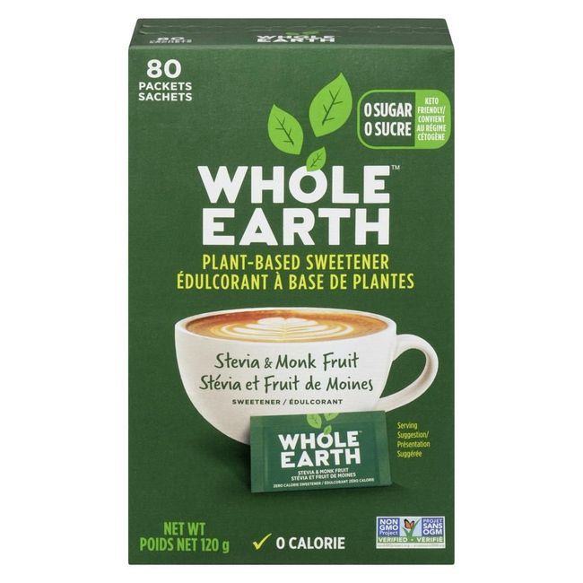 Whole Earth Stevia Monk Fruit Sweetener Packets, 80 Count -- 12 Per Case