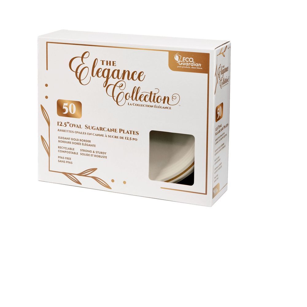Eco Guardian Assiette Ovale En Bagasse Compostable À Bordure Dorée, Collection Élégance, 31,75 Cm (12,5 Pouces) – 400 Unités Par Carton