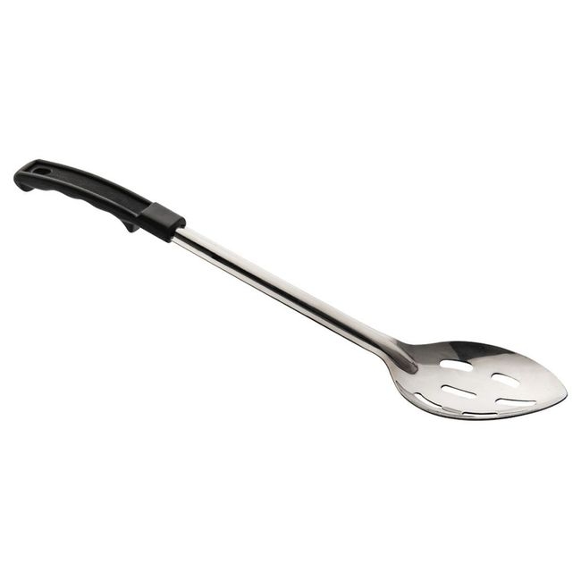 Conventional Stainless Steel Slotted Serving Spoon with Black Plastic Handle