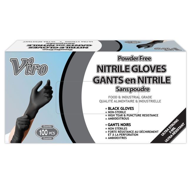 Viro Black Large 5mil Powder Free Nitrile Gloves, 100 Count -- 10 Per Case